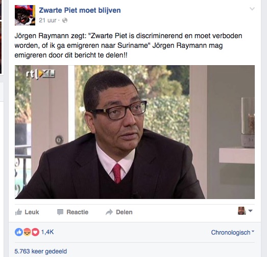 Zwarte Piet pagina start lastercampagne tegen Jörgen Raymann