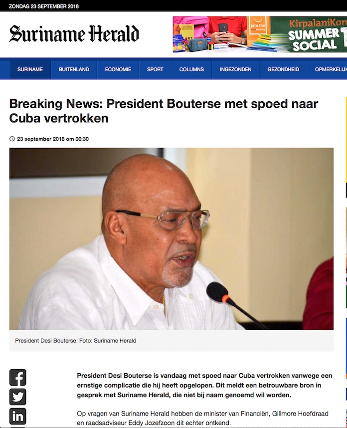Suriname Herald: Redactiecoördinator legt functie neer om berichten Bouterse