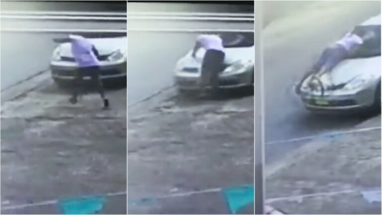 VIDEO: Vrouw springt op motorkap van haar auto tijdens diefstal