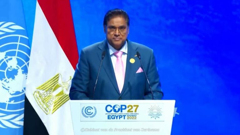 President Santokhi vraagt aandacht voor klimaatfinanciering tijdens COP27