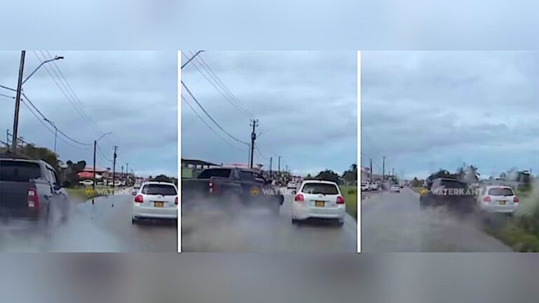 Pick-up bestuurder ramt gezin in auto van de weg en rijdt door